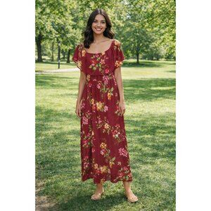 Floral Maxi Dress By Socialite XS Red & Multicolor Off-Shoulder Lightweight Blen